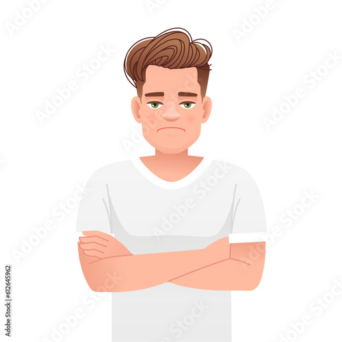 A disgruntled white man in a white T-shirt stands with his arms crossed. The sad guy is disappointed in something.