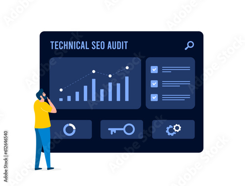 Technical SEO Audit concept. Improve website speed, seo rankings, user experience. Optimize on-page elements, site structure, crawlability and indexation issues. Boost visibility, mobile-friendliness