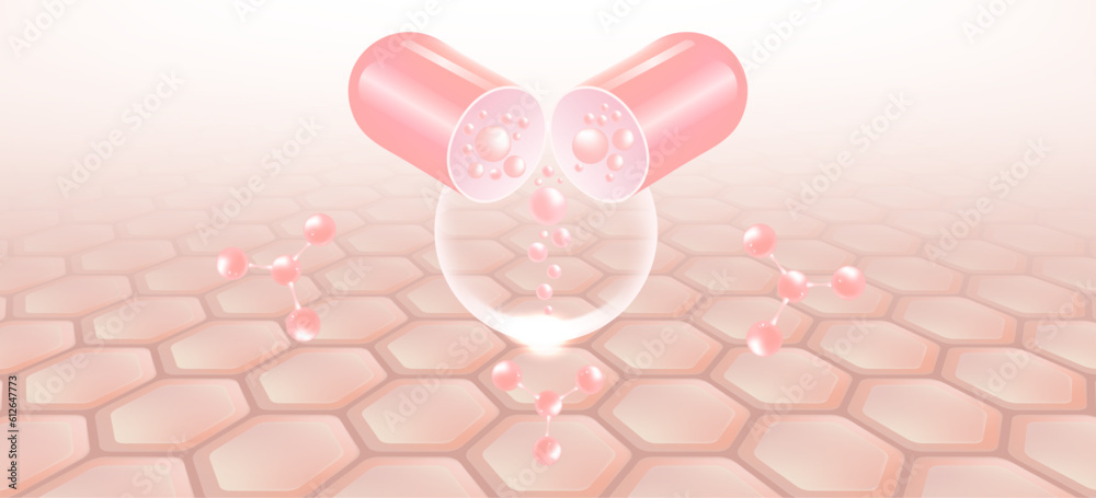 Hyaluronic acid hair and skin solutions ad, pink collagen serum drop over skin cell with cosmetic advertising background ready to use, illustration vector. Hyaluronic acid hair and skin solutions ad, pink collagen serum drop over skin cell with cosmetic advertising background ready to use, illustration vector.