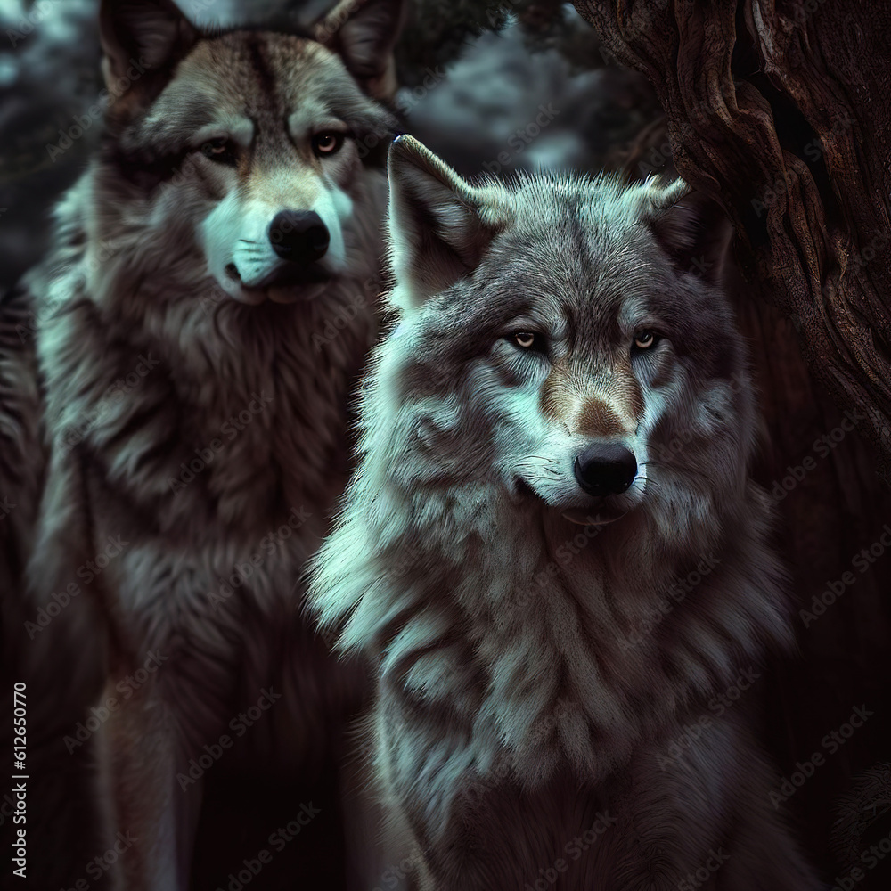Grey wolves in cedar forest with Generative AI.
