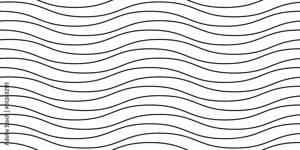 Wavy lines seamless pattern. Undulate stripes repeating background. Black and white horizontal waves texture. Simple curved linear wallpaper. Textile and fabric swatch design template. Vector