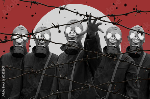 A Group Of Soldiers In Gas Masks Behind Barbed Wire