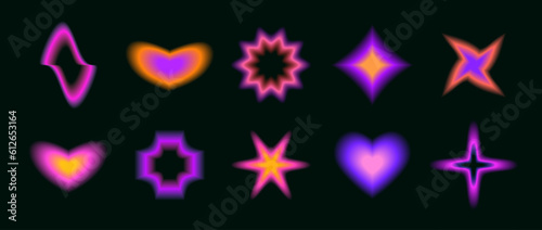 Smooth blurred gradient flowers, stars and hearts set. Y2K blurry aura shapes collection. Colorful neon abstract trendy elements for logo, templates, badges, stickers, collages. Vector pack 