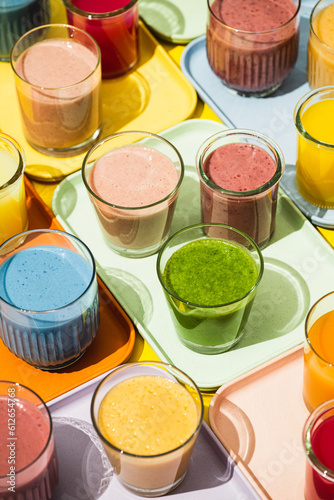 Healthy beverages colorful detox vegan juice smoothie drinks photo