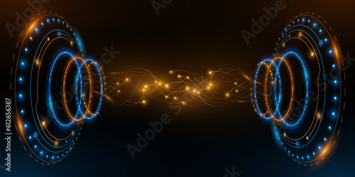 Digital glowing HUD circles with neural connectors on black background. Big data visualization into cyberspace. Development of a Futuristic Sci-fi mechanism. Vector illustration.