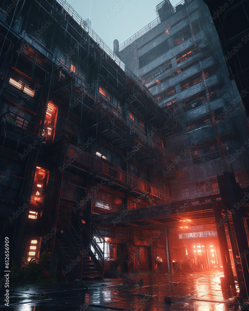 dystopian building in a moody environment, cinematic setting, leading lines, brutalist architecture, generative art.
