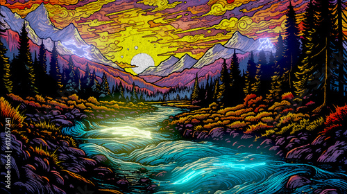 Beautiful sunset over the river. Render 3d mosaic painting on black background  landscape  artwork. Renderind image