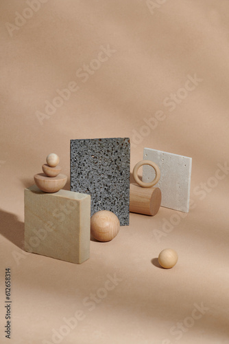 Composition of plaster and wooden decorations of different geometries photo