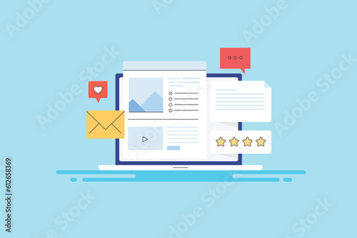 Content strategy for digital marketing campaign, blog publishing, email message sending and posting content on social media concept with blue background, vector illustration web banner.