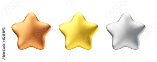 Golden, bronze, silver glossy metallic stars 3d realistic style. Leadership, game award, customer feedback symbol vector illustration isolated on white background