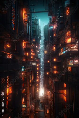 dystopian cityscape at night, cyberpunk. generative art