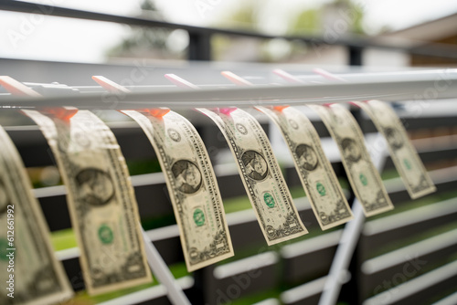 Dollar bills placed to dry on a clothesline photo