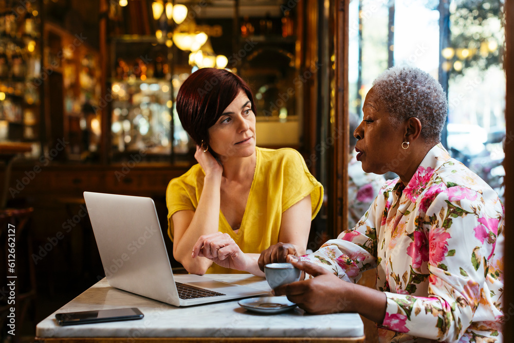 Diverse women working on laptop in cafe Diverse women working on laptop in cafe