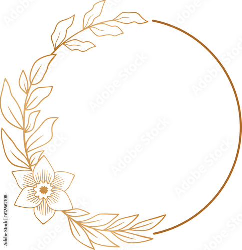 Elegant gold circle floral frame for wedding invitation, engagement invitation, greeting card, or monogram logo design
