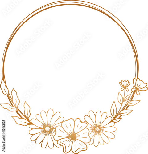Elegant gold circle floral frame for wedding invitation, engagement invitation, greeting card, or monogram logo design