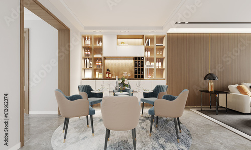 Modern Dining interior with dining table and chairs. 3D illustration