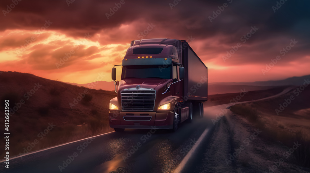 Logistic truck journeying at dawn, representing the constant activity of the logistics industry.