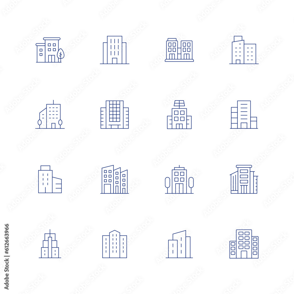 Building line icon set on transparent background with editable stroke. Containing apartment, office building, building, building trade, buildings.