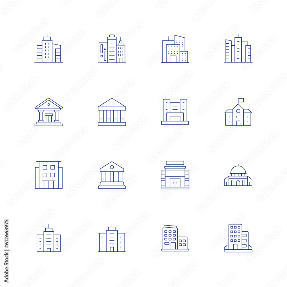 Building line icon set on transparent background with editable stroke. Containing buildings, college, company, school, condominium, courthouse, department, dome of the rock, headquarter, headquarters.