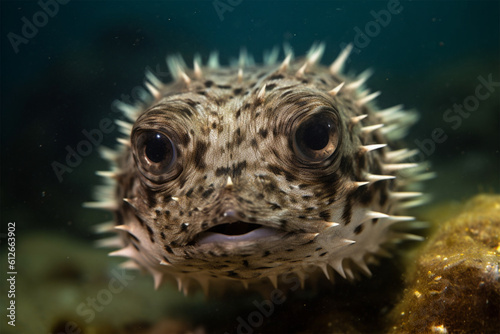 Porcupine fish smiles at underwater camera with big eyes