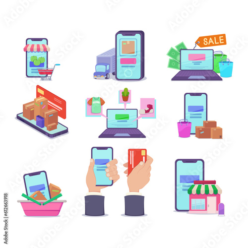 Devices with online shopping apps vector illustrations set. Collection of drawings of mobile phones, laptop with internet store on screen, hand with credit card. Online shopping, technology concept