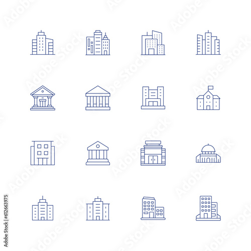Building line icon set on transparent background with editable stroke. Containing buildings, college, company, school, condominium, courthouse, department, dome of the rock, headquarter, headquarters.