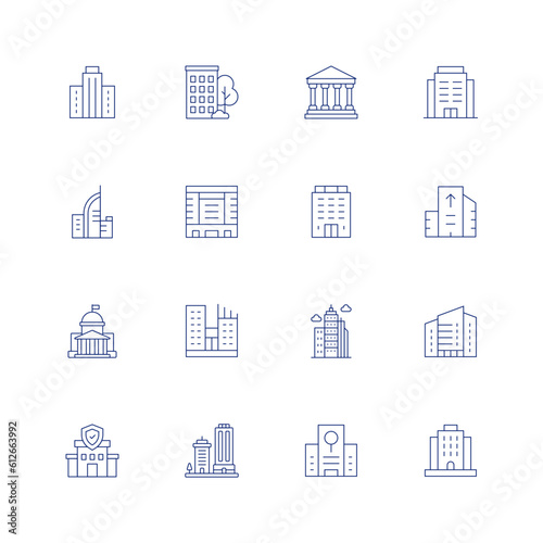 Building line icon set on transparent background with editable stroke. Containing skyscraper, apartment, museum, office, company, building, polling place, real estate, government, skyline, insurance.