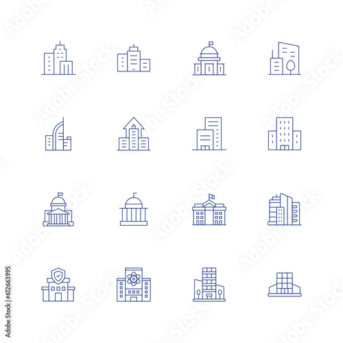 Building line icon set on transparent background with editable stroke. Containing city, city building, city hall, company, condo, government, skyscrapers, insurance, laboratory, mall. © Spaceicon