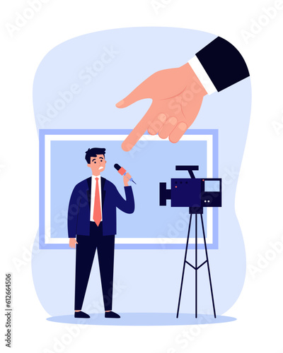Hand pointing at journalist with microphone vector illustration. Reporter struggling to work because of state propaganda, desinformation, AI. Lack of media freedom of speech concept