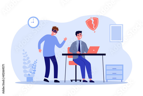 Thief in mask breaking through security vector illustration. Frustrated man working on laptop while hacker getting access to company data. Data protection, cybersecurity breach concept