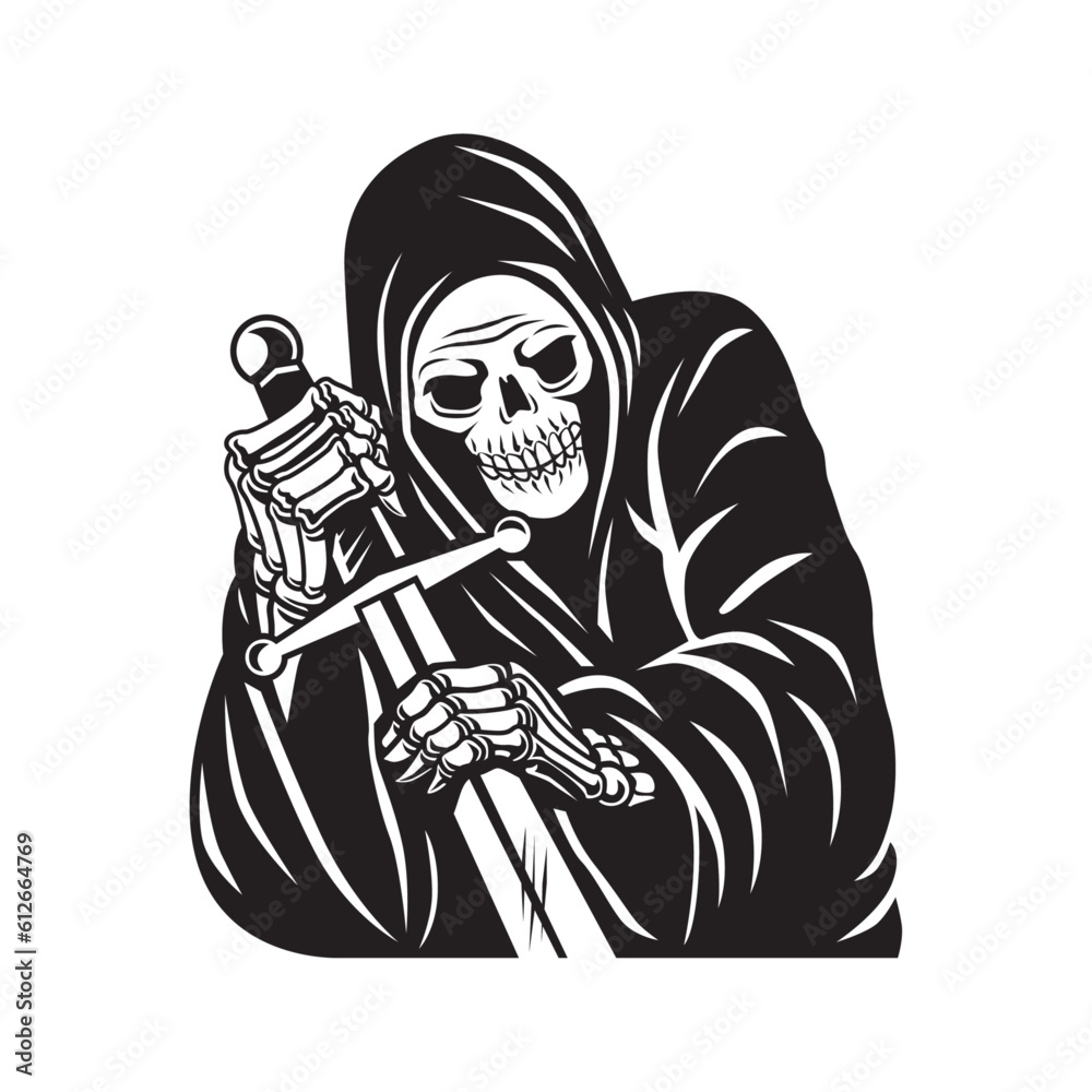 old grim reaper with sword character vector illustration. black and ...