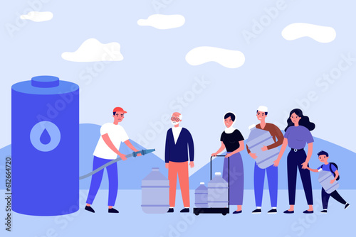 Frustrated people gathering for water vector illustration. Man delivering drinking water for residents with dried up or contaminated basin. Drought, lack of water, climate change concept