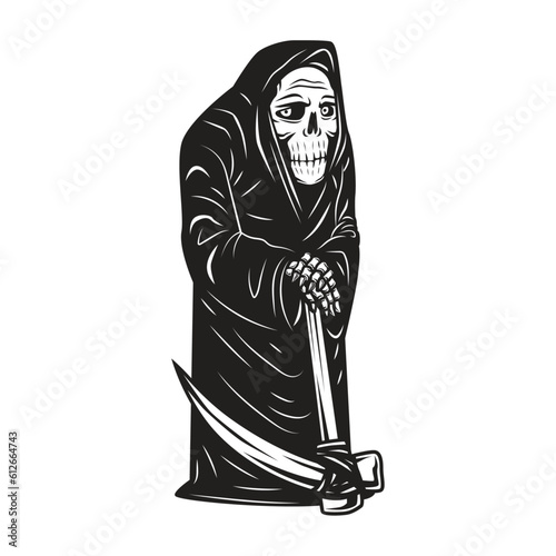 old grim reaper with sickle character vector illustration. black and white