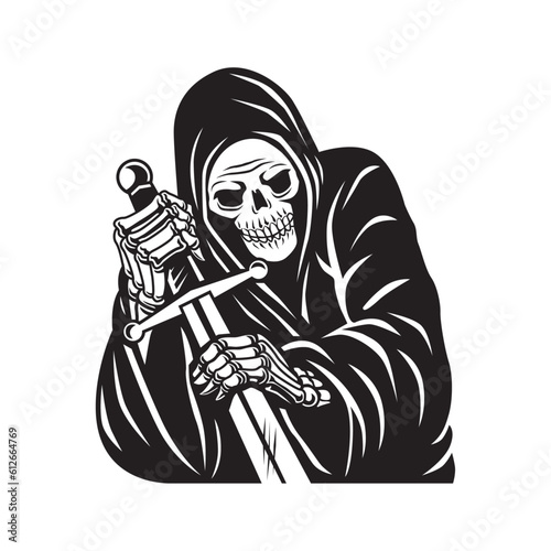 old grim reaper with sword character vector illustration. black and white