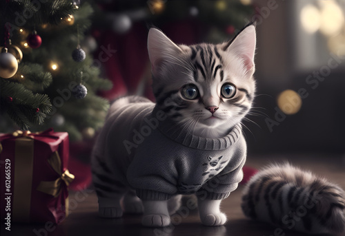 Kitten in Christmas pullover.. Generative AI