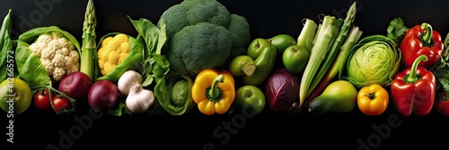Assortment of fresh vegetables. Food background with assortment of fresh organic vegetables. Fresh vegetables. wide banner. Generative AI