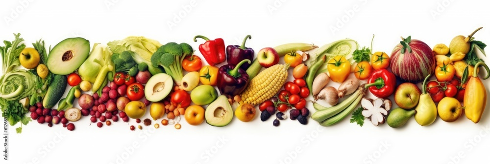 Fototapeta premium Assortment of fresh vegetables. Food background with assortment of fresh organic vegetables. Fresh vegetables. wide banner. Generative AI
