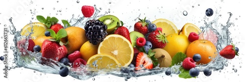 Assortment of Fresh fruits mixed falling into water with a big splash . Wide banner. Generative AI