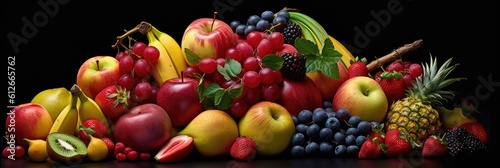 Assortment of Fresh fruits mixed.Tasty fruits background. Fresh fruits. Wide banner. Generative AI