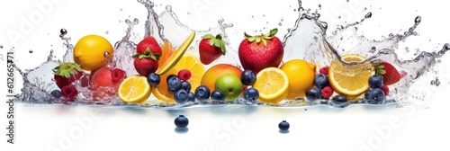 Assortment of Fresh fruits mixed falling into water with a big splash . Wide banner. Generative AI