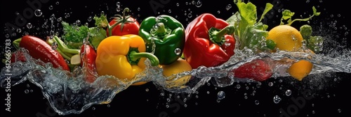 Assortment of Fresh vegetables falling into water with a big splash. Fresh vegetables. Wide banner. Generative AI