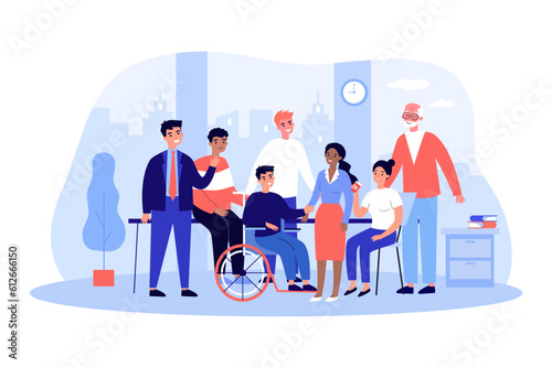 Group of happy diverse coworkers vector illustration. Inclusive team of people with disability and people of different age and race working together. Diversity, teamwork, inclusion, business concept