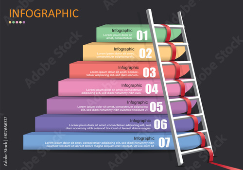 Vector infographic 7 white steps ladder with red ribbon lines showing ascending sequence over gray and black background for finance, education, administration or planning presentation.
