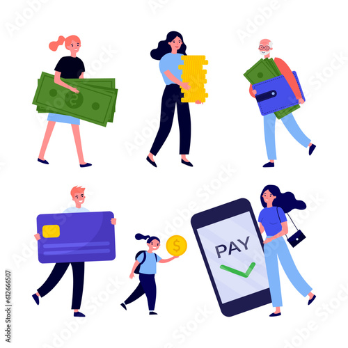 People carrying money vector illustrations set. Men, women and children paying for purchases using cash, coins, credit card, digital wallet. Finance transactions, payment options, banking concept