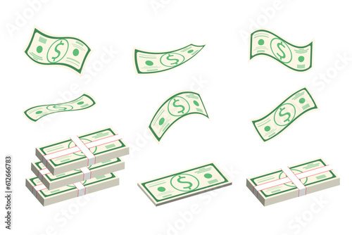 Dollar banknotes falling vector illustrations set. Flying bills, piles and pack of money on white background. Financial analytics, financial management, money savings, deposit growth concept