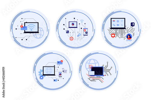 Optical fiber usage vector illustrations set. Smartphones and computers connected with optical rays, stream of digital information in circles. Digital technology, data transfer concept