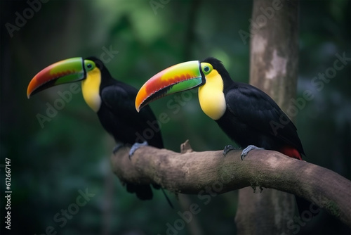 Toucan sitting on a branch in forest green vegetation