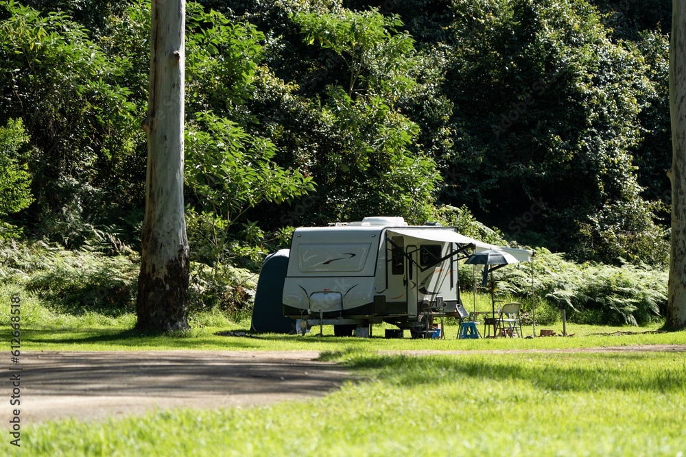 Off grid camping in a caravan with solar panels, on a holiday Adventure in NSW, Australia Pristine Bushland