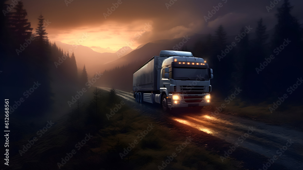 Logistic truck navigating off-road terrain at dawn, illustrating the extreme lengths the logistics industry will go to deliver. Logistic truck navigating off-road terrain at dawn, illustrating the extreme lengths the logistics industry will go to deliver.
