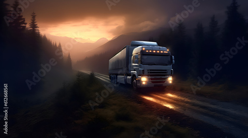 Logistic truck navigating off-road terrain at dawn, illustrating the extreme lengths the logistics industry will go to deliver.